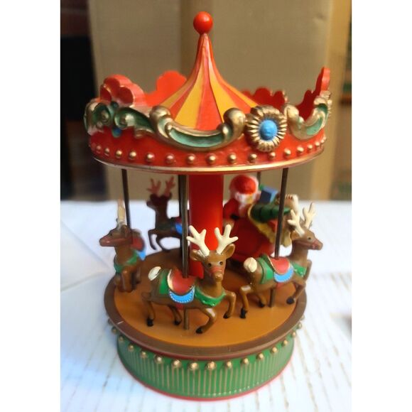 Hallmark Vintage Wind-Up Merry Go Round Music Box Santa Reindeer Figurines - Picture 1 of 8